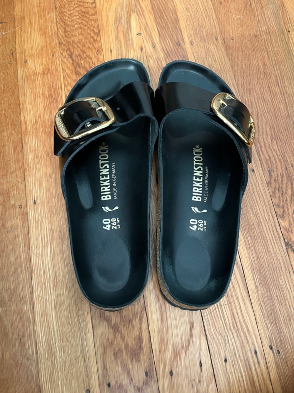 Birkenstock Black Slide Sandals with Gold Buckles